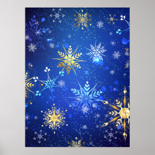 XMAS Blue Background with Golden Snowflakes Poster