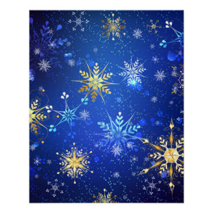 XMAS Blue Background with Golden Snowflakes Poster