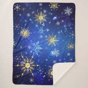 XMAS Blue Background with Golden Snowflakes Sherpa Blanket