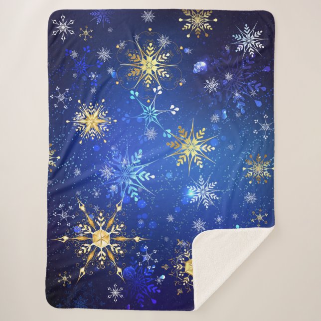XMAS Blue Background with Golden Snowflakes Sherpa Blanket (Front)