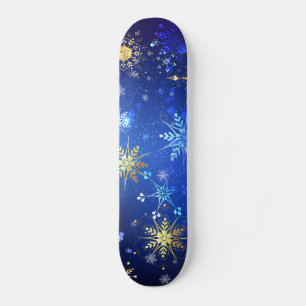 XMAS Blue Background with Golden Snowflakes Skateboard