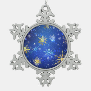 XMAS Blue Background with Golden Snowflakes Snowflake Pewter Christmas Ornament