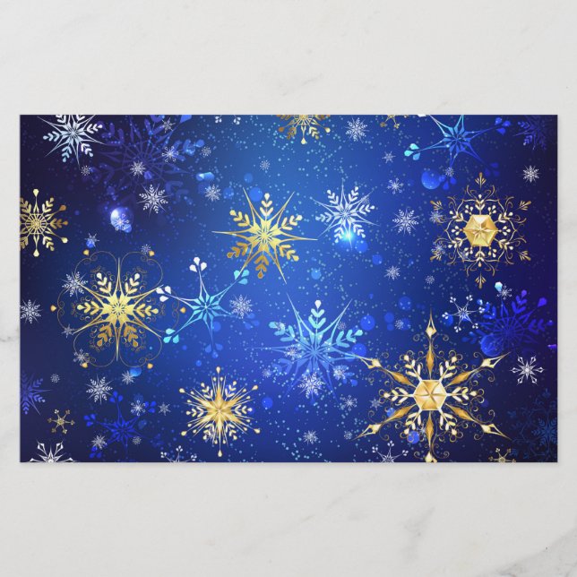 XMAS Blue Background with Golden Snowflakes Stationery (Front)