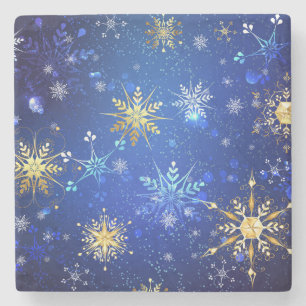 XMAS Blue Background with Golden Snowflakes Stone Coaster