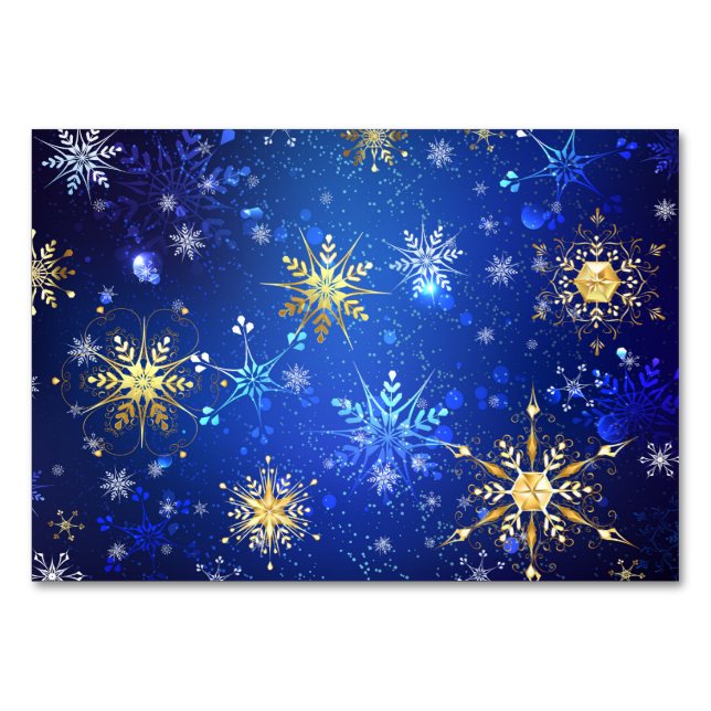 XMAS Blue Background with Golden Snowflakes Table Number (Front)