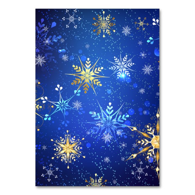 XMAS Blue Background with Golden Snowflakes Table Number (Front)