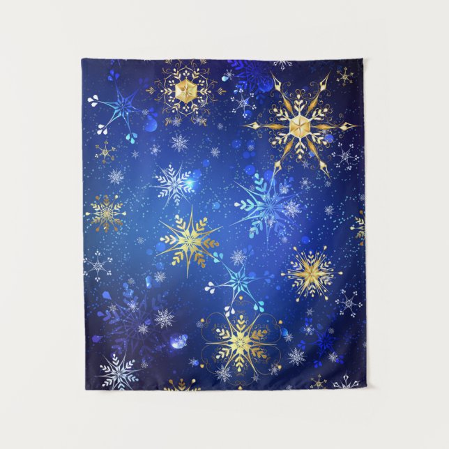 XMAS Blue Background with Golden Snowflakes Tapestry (Front)