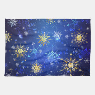XMAS Blue Background with Golden Snowflakes Tea Towel