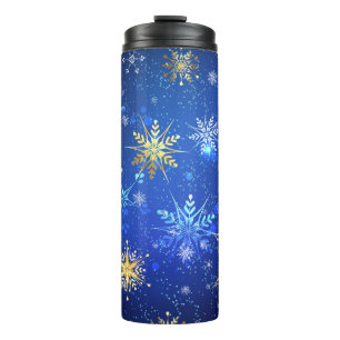 XMAS Blue Background with Golden Snowflakes Thermal Tumbler