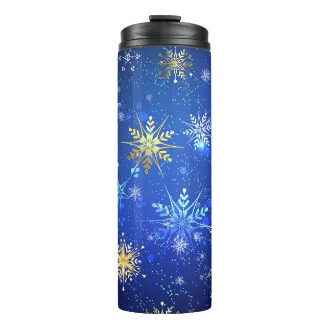 XMAS Blue Background with Golden Snowflakes Thermal Tumbler (Front)