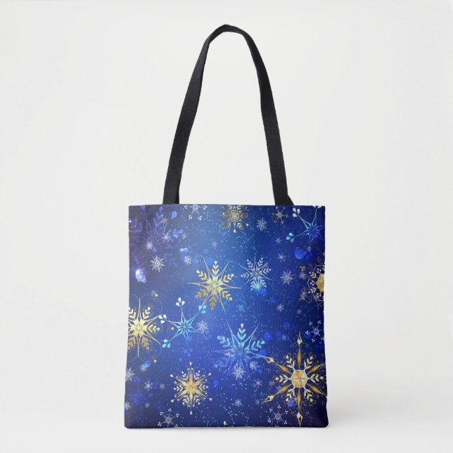 XMAS Blue Background with Golden Snowflakes Tote Bag (Front)