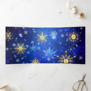 XMAS Blue Background with Golden Snowflakes Tri-Fold Announcement