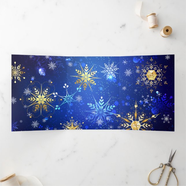 XMAS Blue Background with Golden Snowflakes Tri-Fold Card (Inside)