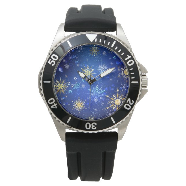 XMAS Blue Background with Golden Snowflakes Watch (Front)