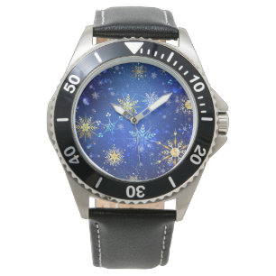 XMAS Blue Background with Golden Snowflakes Watch