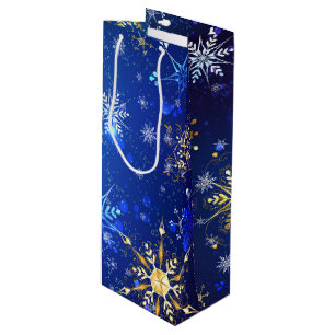 XMAS Blue Background with Golden Snowflakes Wine Gift Bag