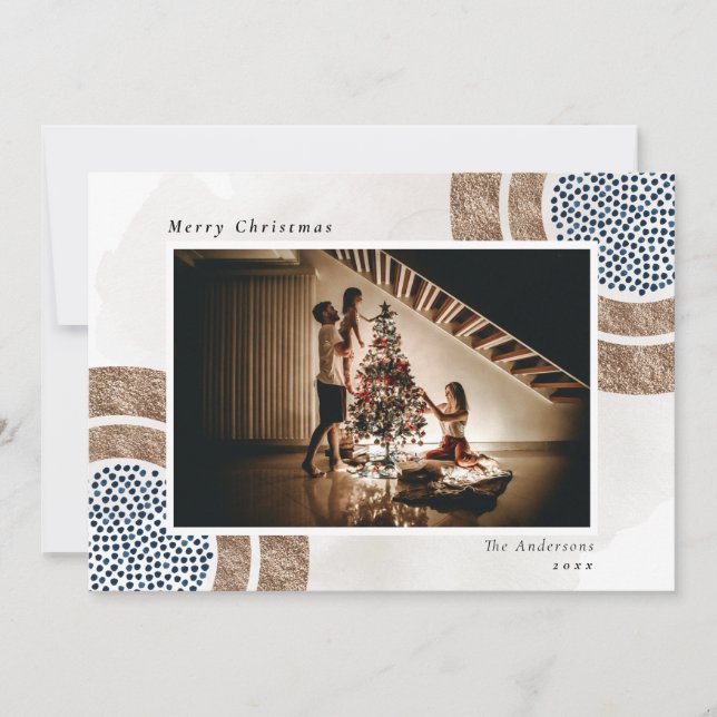 Xmas Boho Chic Blue Geometric Photo Holiday Card (Front)