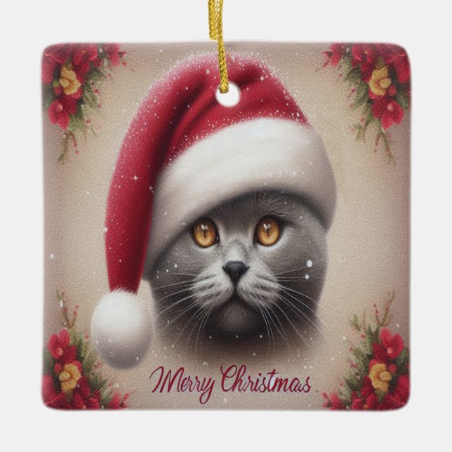 Xmas Bombay Cat, Merry Christmas Bombay Kitten Ceramic Ornament (Front)