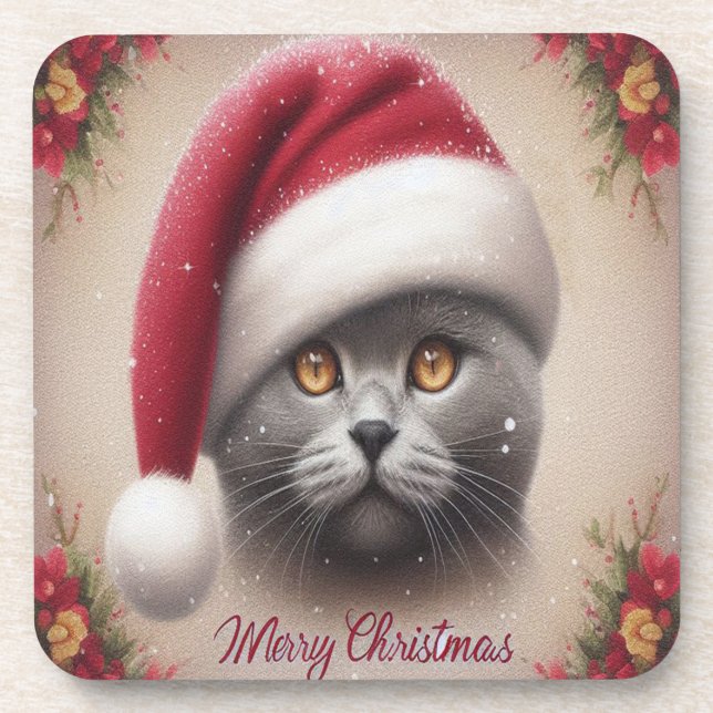 Xmas Bombay Cat, Merry Christmas Bombay Kitten Coaster (Front)