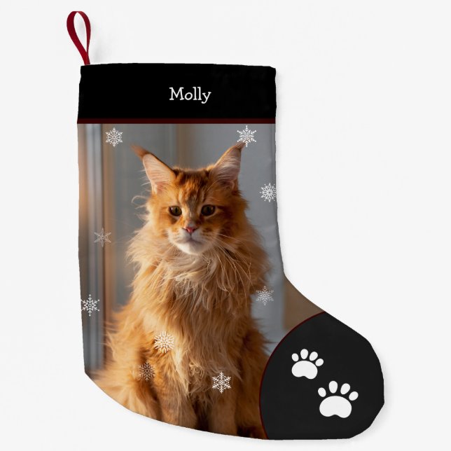 Xmas Cat Photo Holiday Black Personalised Large Small Christmas Stocking (Front)
