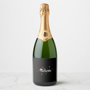 Xmas Christmas Believe Snowflakes Santa Hat Sparkling Wine Label