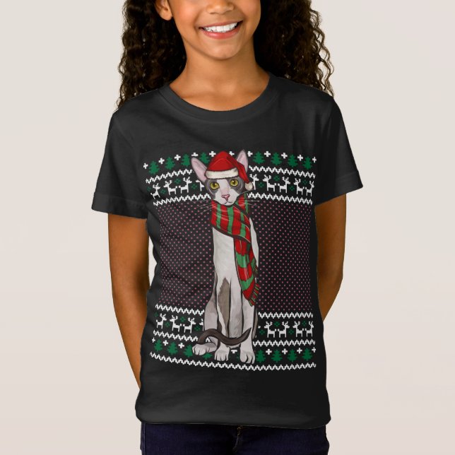 Xmas Cornish Rex Cat Santa Hat Ugly Christmas T-Shirt (Front)