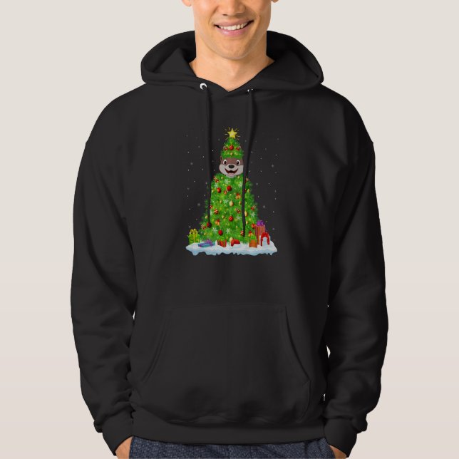 Xmas Decorations Lights Santa Otter Christmas Tree Hoodie (Front)