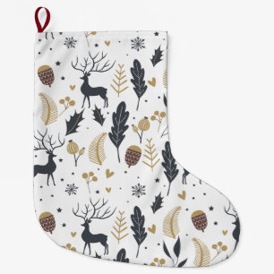 Xmas Deer and Leaves Joyful Greetings Collection Large Christmas Stocking
