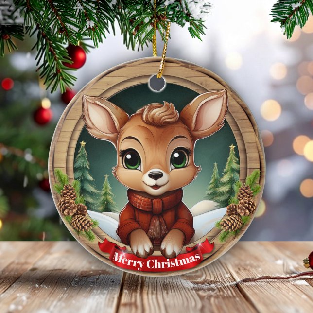 Xmas Doe Festive Holiday Wooden Rustic Pine 🦌🎄 Ceramic Tree Decoration (Personalizable Xmas doe, festive holiday wooden rustic pine, pinecone winter Ceramic Ornament! 🦌🎄)