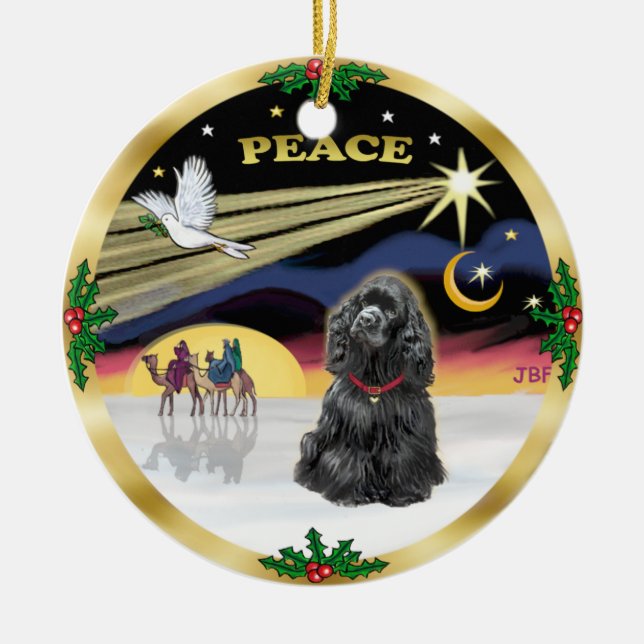 Xmas Dove - Black Cocker Spaniel Ceramic Tree Decoration (Front)