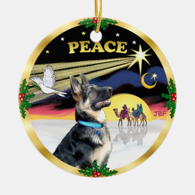 Xmas Dove (Peace) - German Shepherd # Ceramic Tree Decoration (Front)
