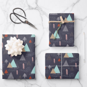 Xmas Drawing Evergreen Pine Trees in Snow at Night Wrapping Paper Sheet