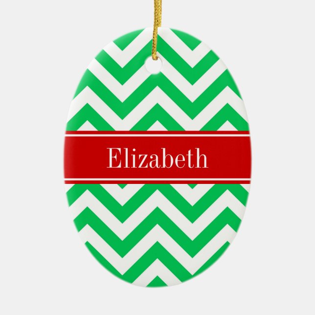 Xmas Emerald White LG Chevron Red Name Monogram Ceramic Tree Decoration (Front)