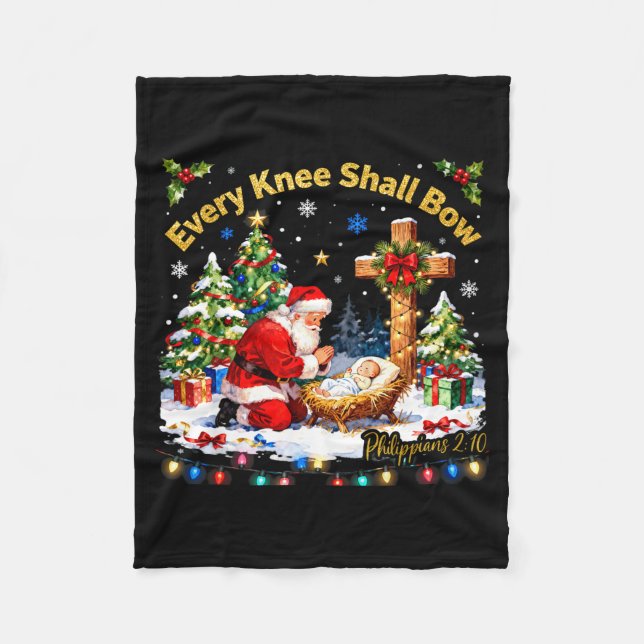 Xmas Every Knee Shall Bow Santa Christmas Nativity Fleece Blanket (Front)