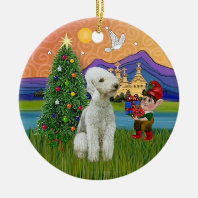 Xmas Fantasy - Bedlington Terrier Ceramic Tree Decoration (Front)