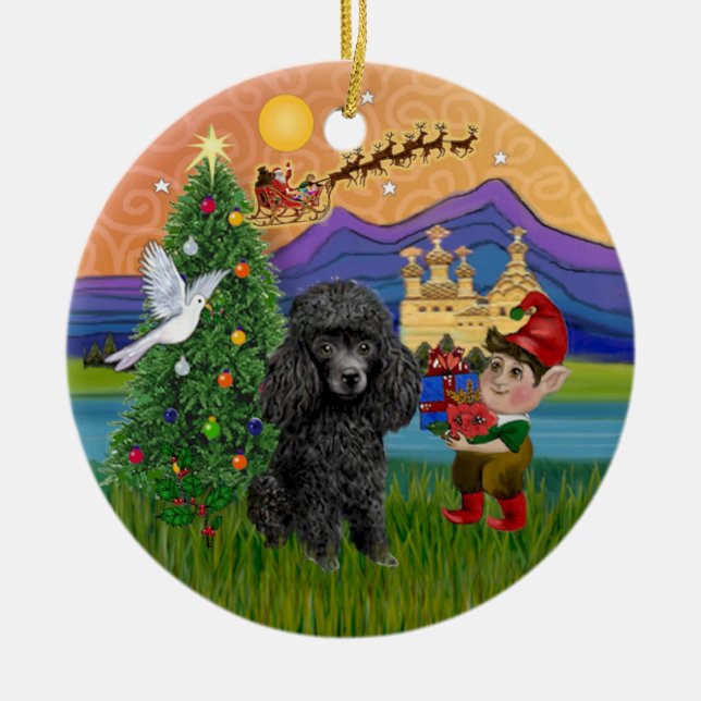 Xmas Fantasy - Black Min. or Toy Poodle Ceramic Tree Decoration (Front)