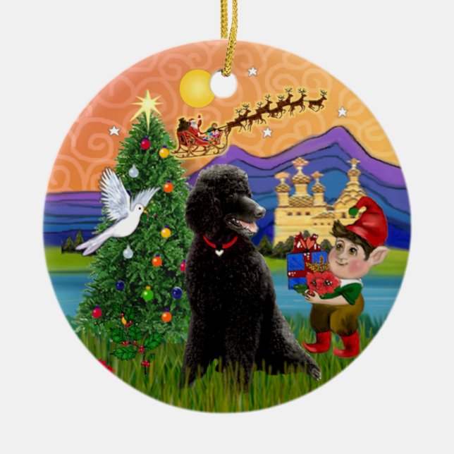 Xmas Fantasy - Black Standard Poodle Ceramic Tree Decoration (Front)