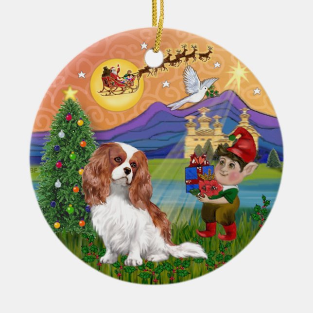Xmas Fantasy-Blenhe Cavalier King Charles Spaniel Ceramic Tree Decoration (Front)