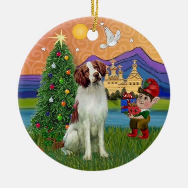 Xmas Fantasy -  Brittany Spaniel Ceramic Tree Decoration (Front)