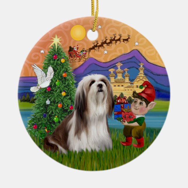 Xmas Fantasy -  Lhasa Apso Ceramic Tree Decoration (Front)