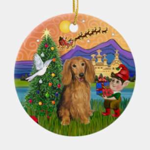 Xmas Fantasy -  Long Haired Sable Dachshund Ceramic Tree Decoration