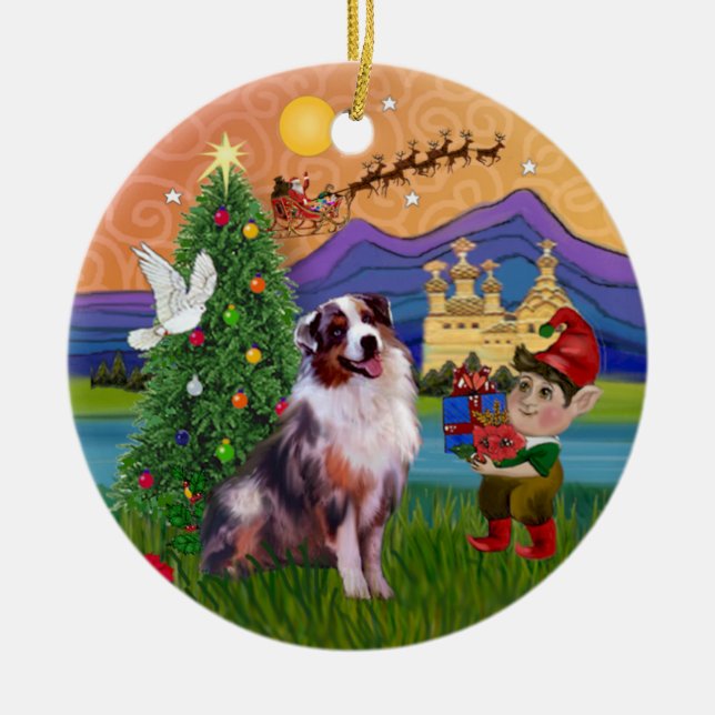 Xmas Fantasy - Merle Australian Shepherd Ceramic Tree Decoration (Front)