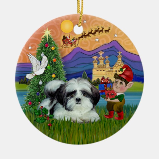 Xmas Fantasy - Shih Tzu (black-white) Ceramic Tree Decoration (Front)