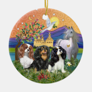 Xmas Fantasy-Three Cavalier King Charles Spaniel Ceramic Tree Decoration