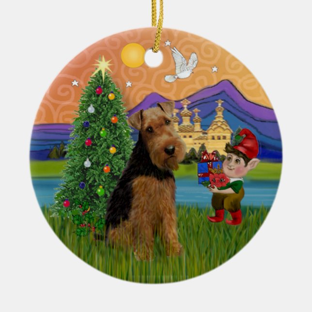 Xmas Fantasy - Welsh Terrier Ceramic Tree Decoration (Front)
