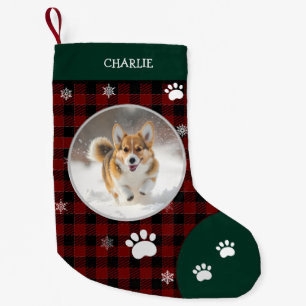 Xmas Funny Cute Dog Small Green Black Plaid Photo Christmas Stocking