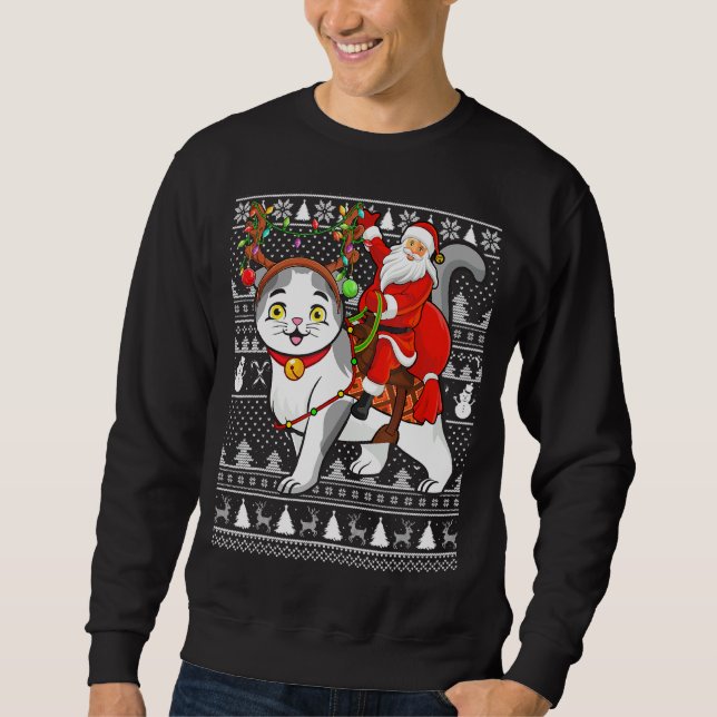 Xmas Funny Santa Riding Scottish Fold Cat Ugly Chr Sweatshirt (Front)