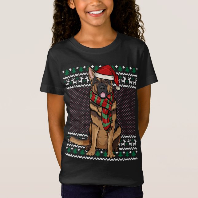 Xmas German Shepherd Dog Santa Hat Ugly Christmas T-Shirt (Front)