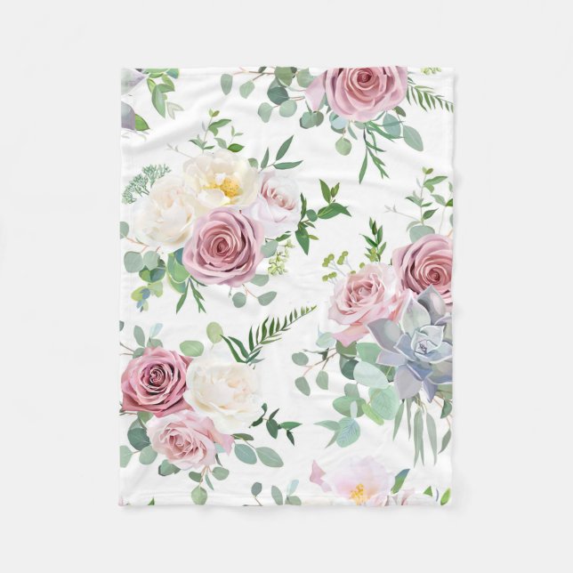 Xmas Gift Creamy White Antique Rose Fleece Blanket (Front)