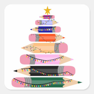 Xmas Gift For Teacher, Pen Merry Christmas Tree Square Sticker